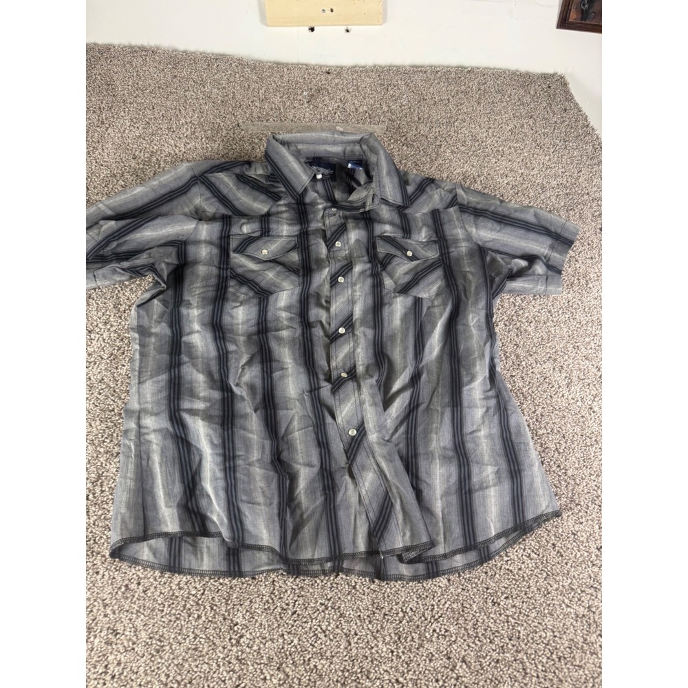 Wrangler Western Shirt Mens XL Grey Black Striped Pearl Snap Short Sleeve XL